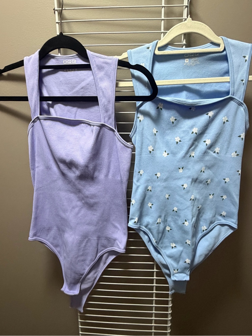 OQQ Set of 2 Ribbed Square Neck Bodysuits – Size Medium – New Without Tags